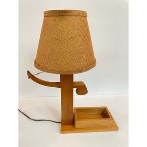Vintage Wood Table Lamp with lever and tray, folk art burlap shade